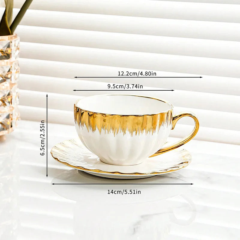 DecorBites™ Golden Ceramic Tea Cup Set, Elegant English Afternoon Tea, High Aesthetic Value
