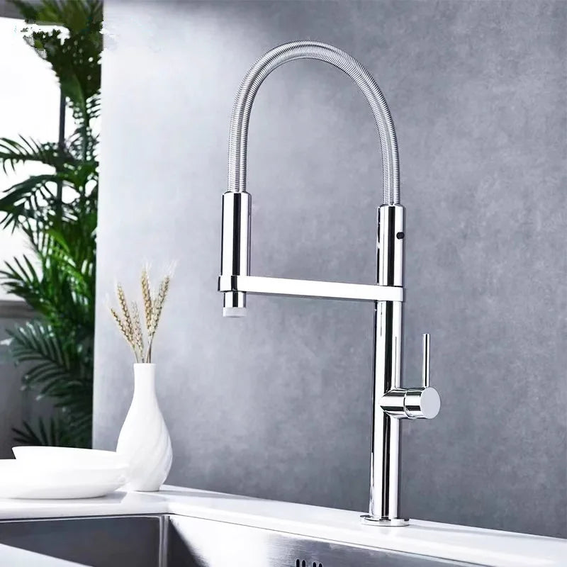 DecorBites™ Gold Brass Kitchen Faucet with Foldable Pull Down Spring Spout Mixer Tap