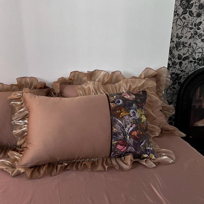 Juego de cama DecorBites™ con volantes de encaje de organza francesa, edredón, sábanas y fundas de almohada de algodón egipcio