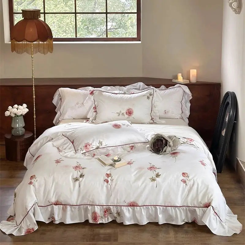 DecorBites™ French Rose Flowers Print Bedding Set, Elegant Ruffles Princess Collection