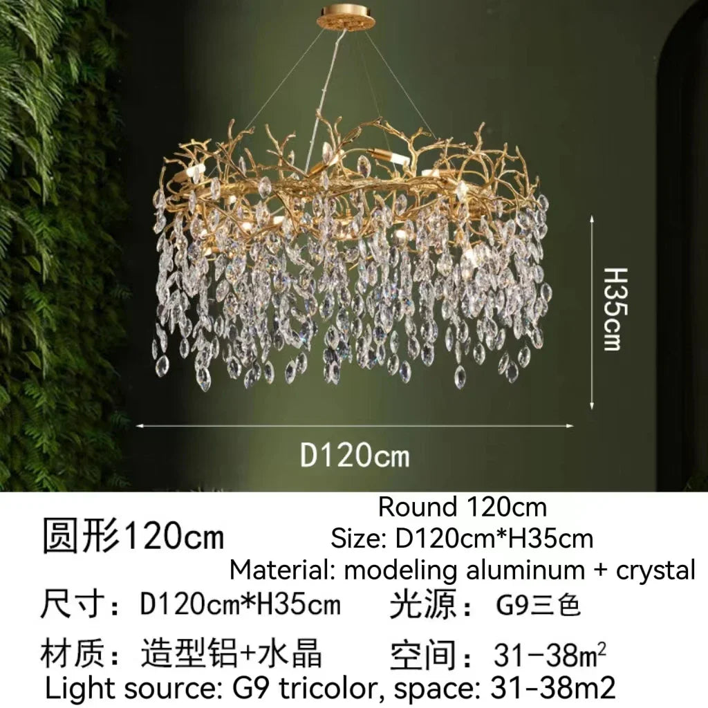 DecorBites™ Golden Crystal Tree Chandelier, Luxury Matte Aluminum Art Ceiling Light for Living Room