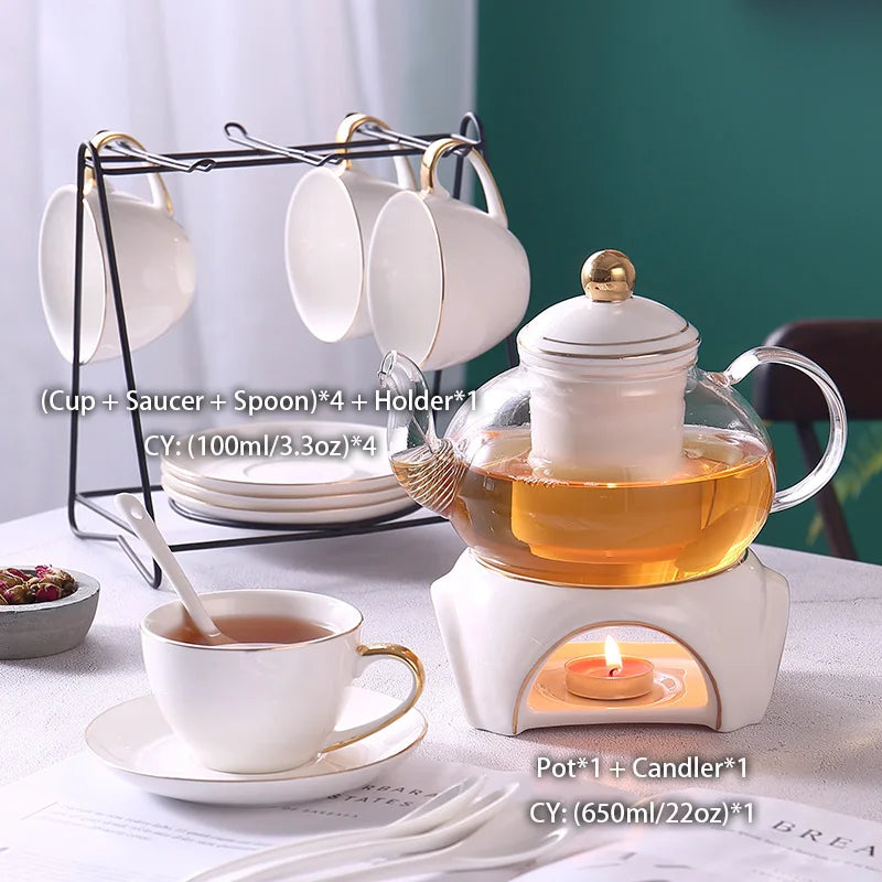 DecorBites™ Gold White Ceramic Tea Set with Glass Teapot - Elegant Teaware Collection