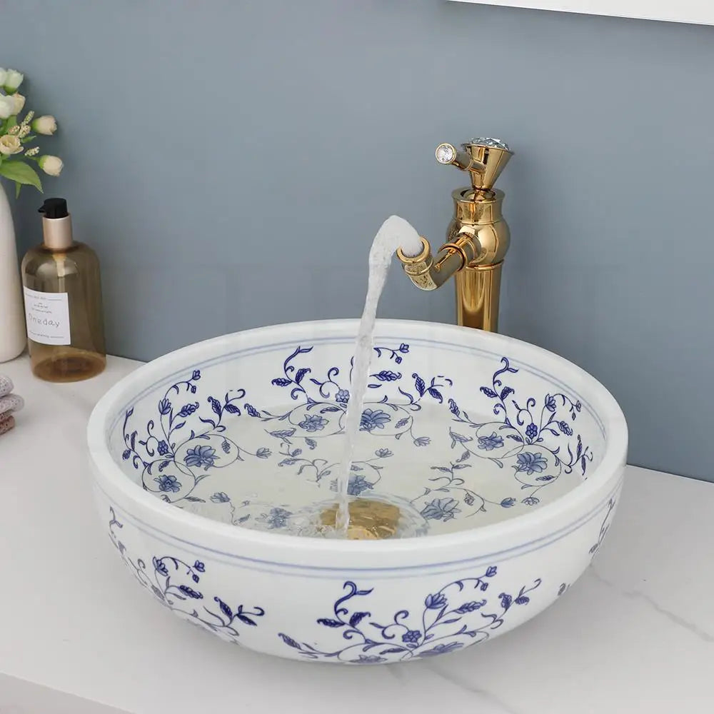 DecorBites™ Blue & White Porcelain Basin Set with Bamboo Faucet and Pop Drain.