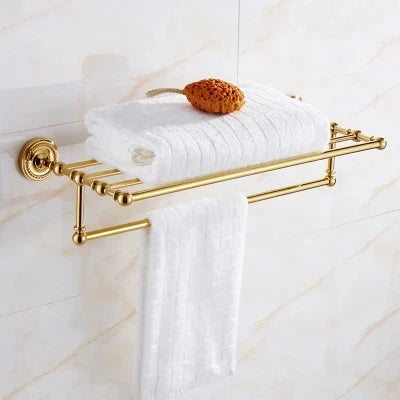 DecorBites™ Brass Gold Bathroom Hardware Set: Towel Rack, Paper Holder, Toilet Brush, Hooks, Towel Ring