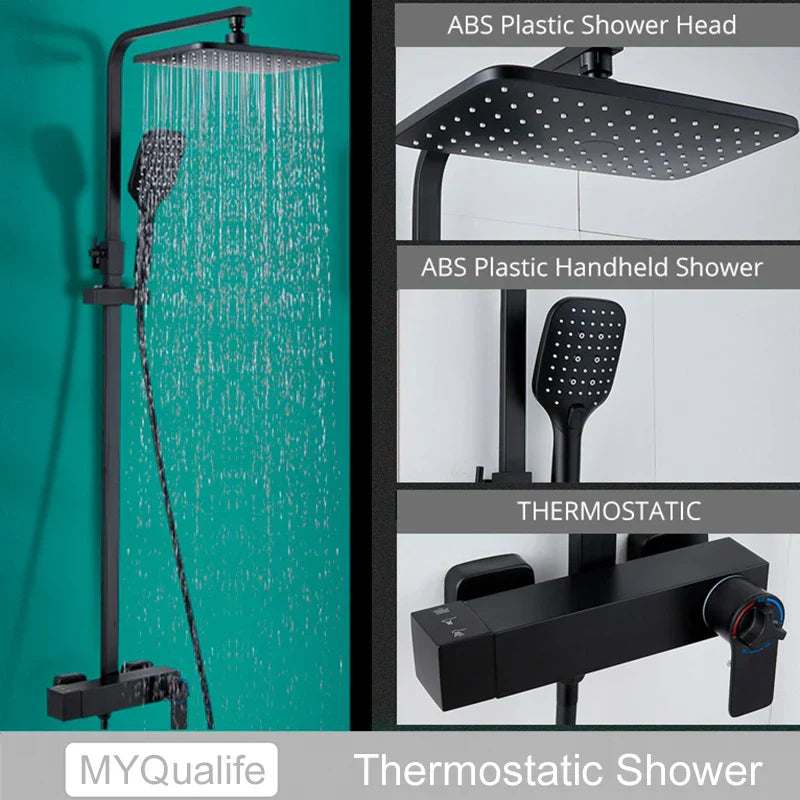 DecorBites™ Black Brass Shower Faucet with 8" Rainfall Shower Head and Tub Spout