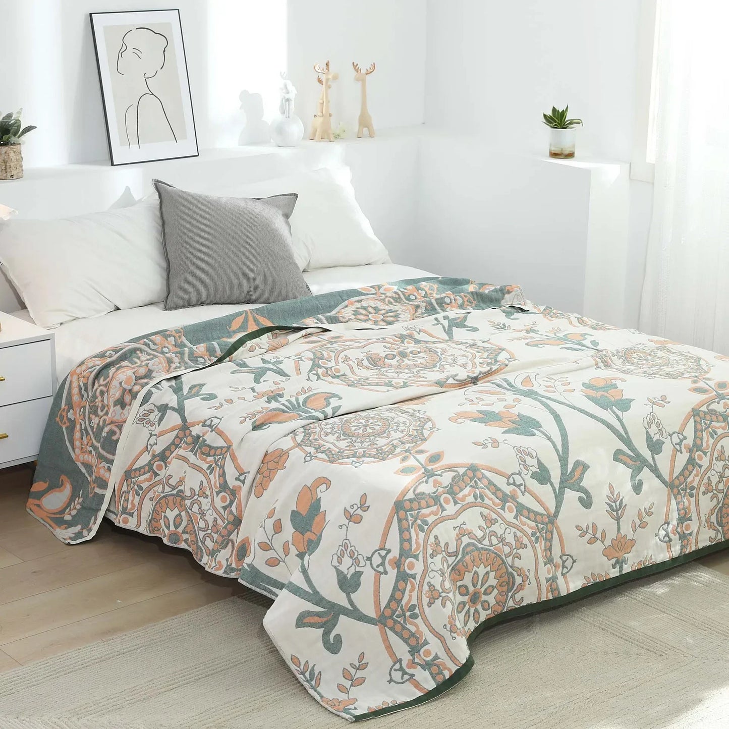 DecorBites™ 100% Cotton Gauze Summer Blanket - Soft Floral Throws for Sofa and Bed