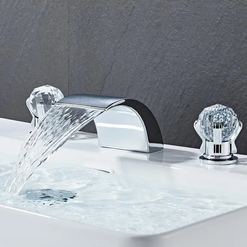 DecorBites™ Black Basin Faucet: Brass Gold Crystal Sink Faucet, 3 Hole Waterfall Tap