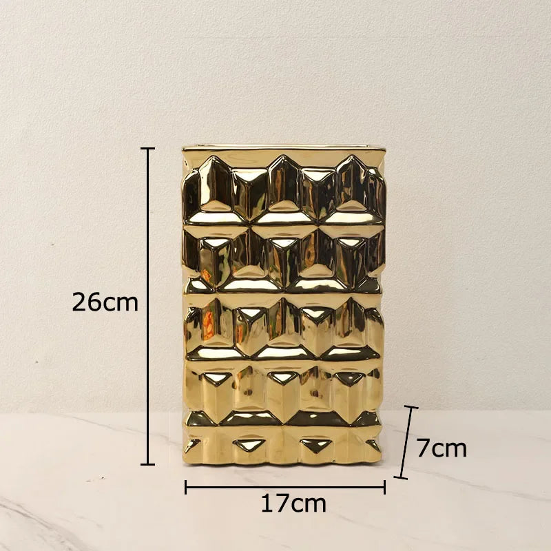 DecorBites™ Golden Square Ceramic Vase with Artificial Flowers for Room Aesthetic Decor