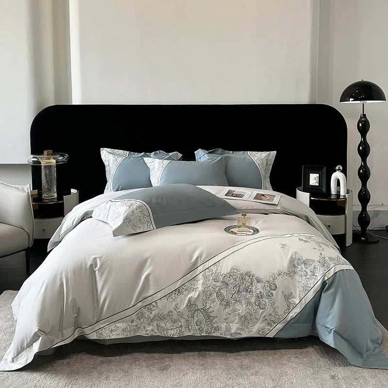 Juego de cama DecorBites™ Luxe con bordado de mariposas y flores, incluye funda nórdica, sábana y fundas de almohada (4 piezas).