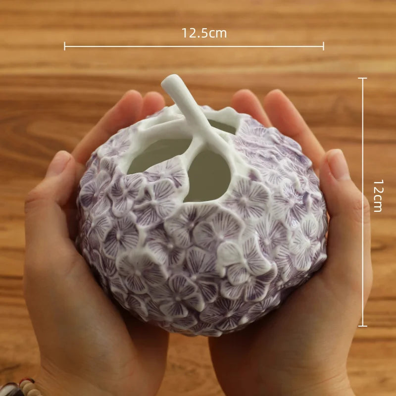 DecorBites™ Hydrangea Ceramic Vase | Hand-Relief Sculpture Flower Ball Arrangement Accessory