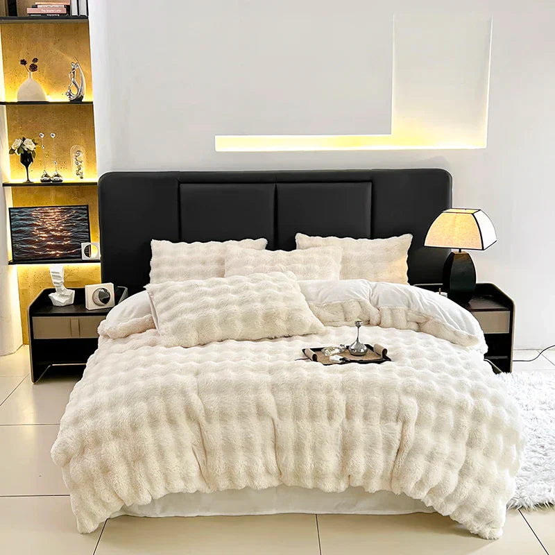 DecorBites™ Gradient Gray Faux Rabbit Fur Velvet Bedding Set: Duvet Cover, Bedsheet, Pillowcase