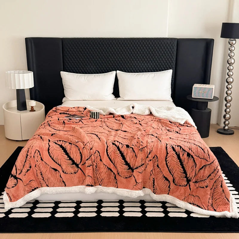 DecorBites™ Leaf Jacquard Double-Layer Flannel Blanket for Sofa and Bed