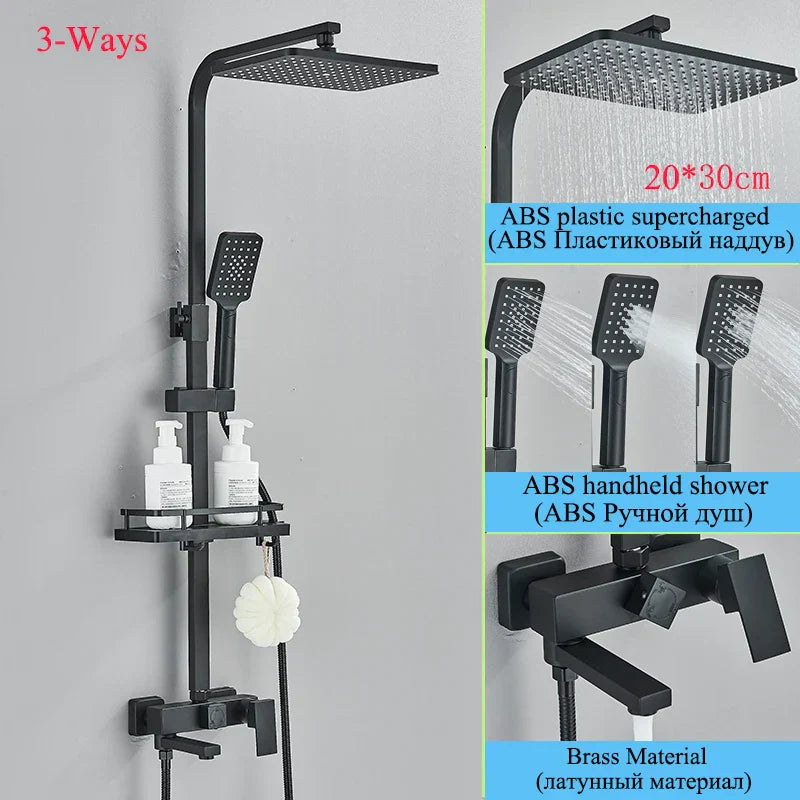 Juego de grifería para ducha DecorBites™ de latón negro con caño giratorio para bañera y columna de ducha tipo lluvia