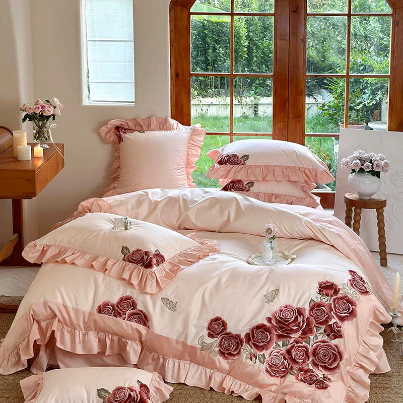DecorBites™ Butterfly Flowers Embroidery Ruffles Wedding Bedding Set: 1400TC 100% Egyptian Cotton