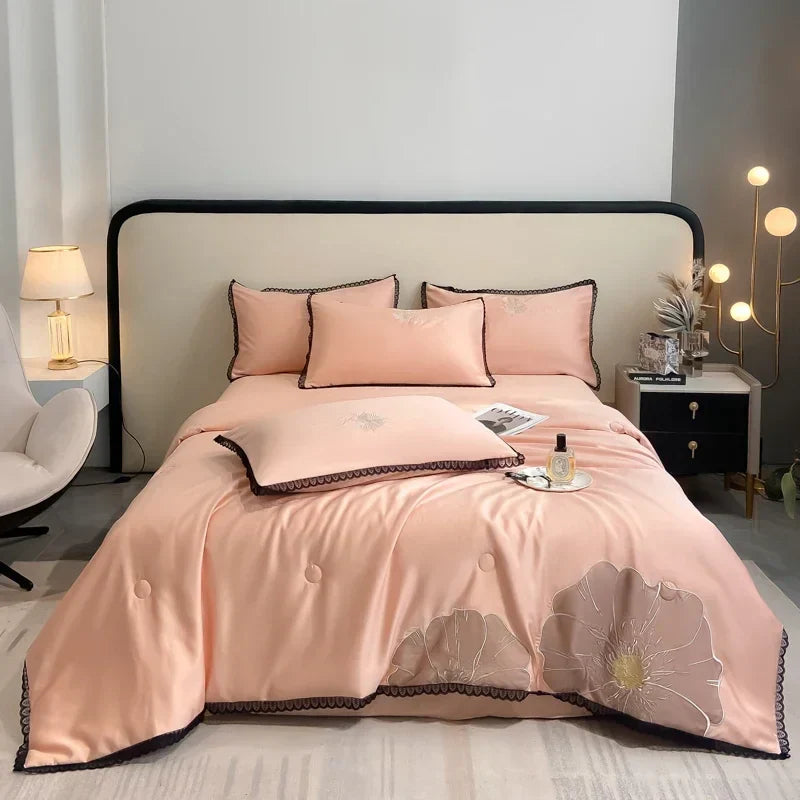 DecorBites™ Luxe Flower Embroidered Cool Quilt Set - Lightweight, Silky, High-End Comfort