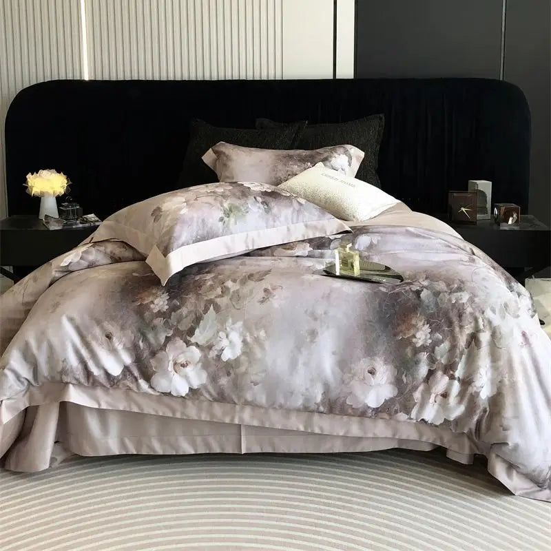 DecorBites™ Flowers Pattern Brushed Bedding Set: Duvet Cover, Bed Sheet, Fitted Sheet, Pillowcase 4Pcs