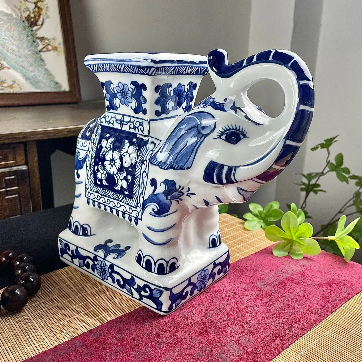 DecorBites™ Elephant Statue, Blue & White Ceramic Table Accessory, Home Decor
