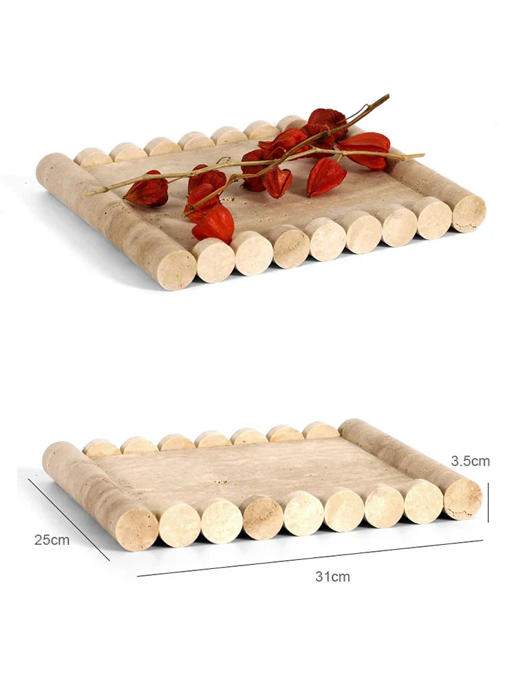 DecorBites™ Beige Travertine Marble Serving Tray - Vintage Natural Stone Plate for Hotel, Party, Snacks