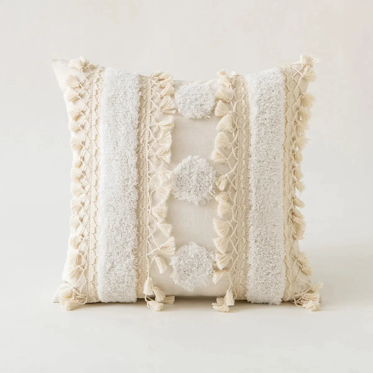 DecorBites™ Ivory Cushion Cover with Pompom Tassels - Home Decor for Living Room Sofa Booth