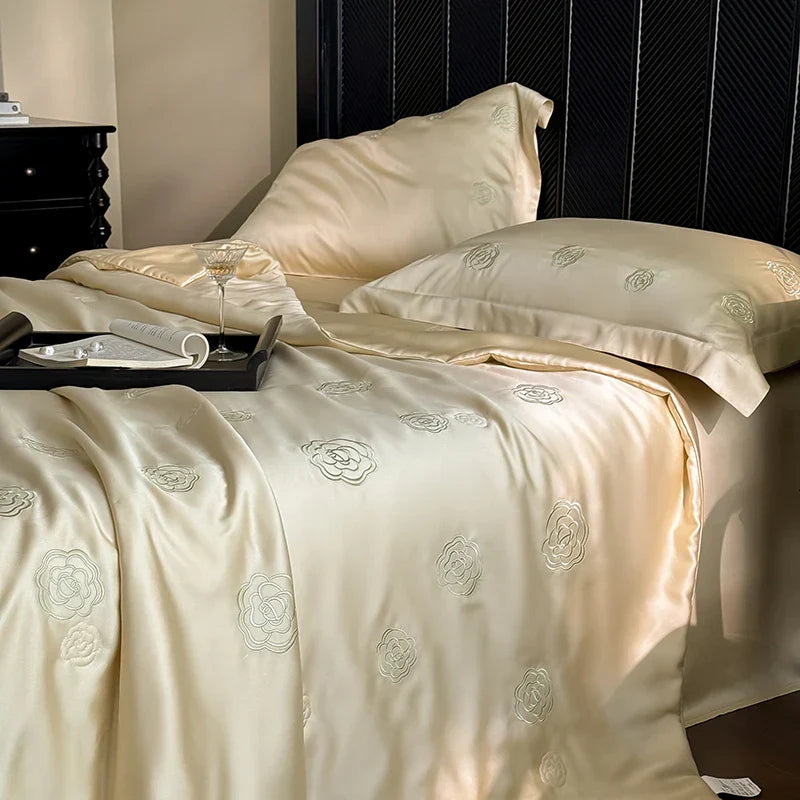 DecorBites™ Eucalyptus Fiber Flower Embroidery Quilt Set with Bed Sheet & Pillowcase