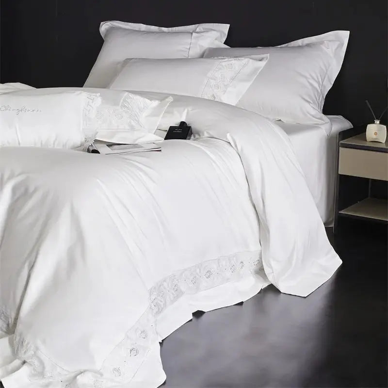 DecorBites™ 1200TC Egyptian Cotton Lace Embroidery Bedding Set: 1 Duvet, 1 Sheet, 2 Pillowcases