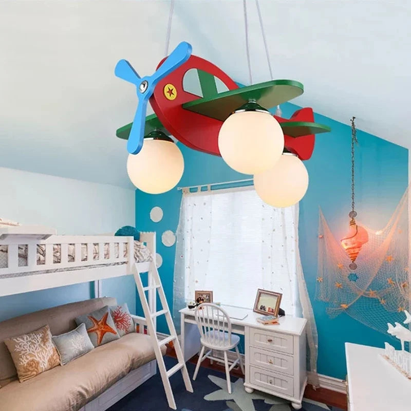 DecorBites™ Kids Wood Airplane Chandelier LED Nursery Aircraft Suspension Lights