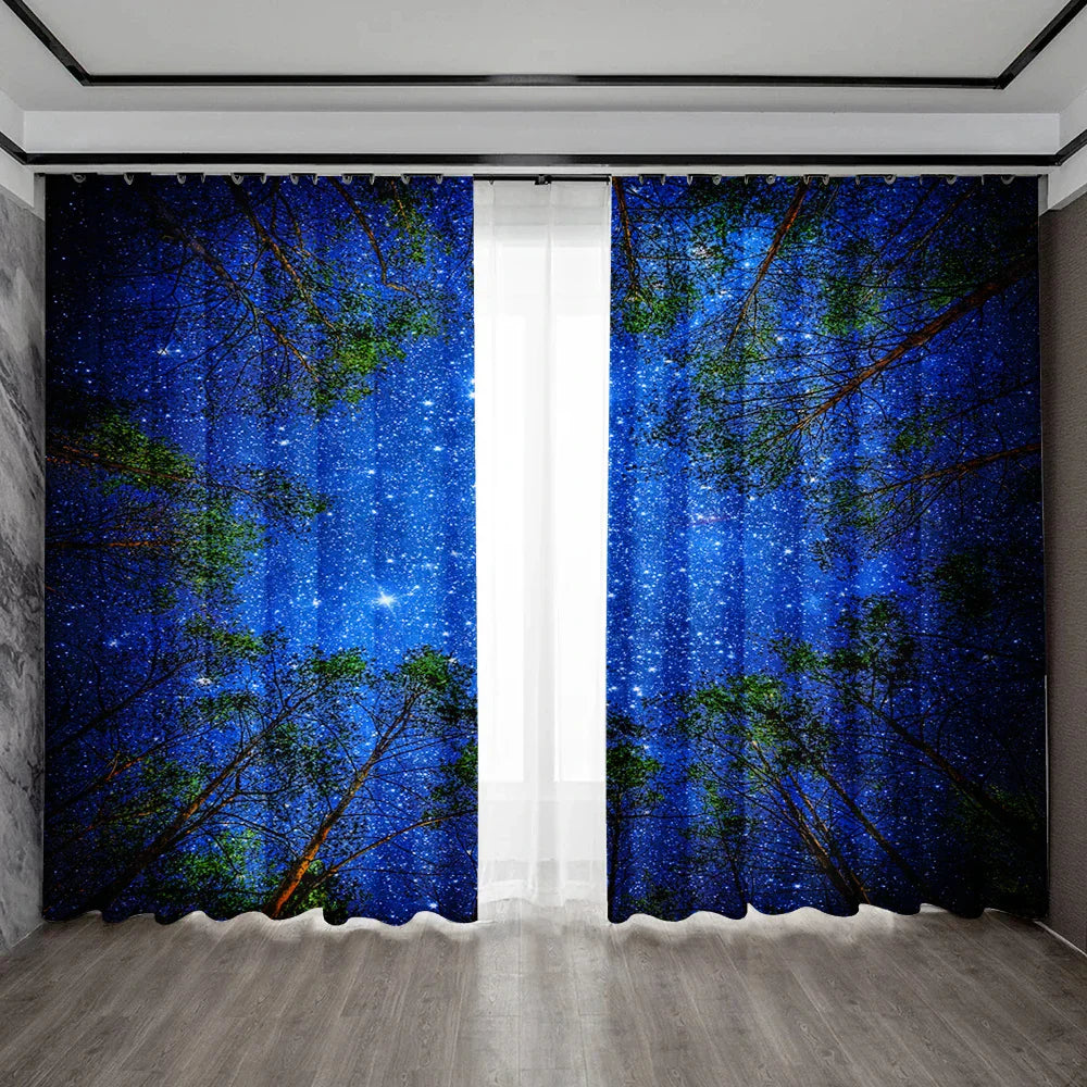 DecorBites™ Dark Blue Forest & City Night View Modern Printed Curtains