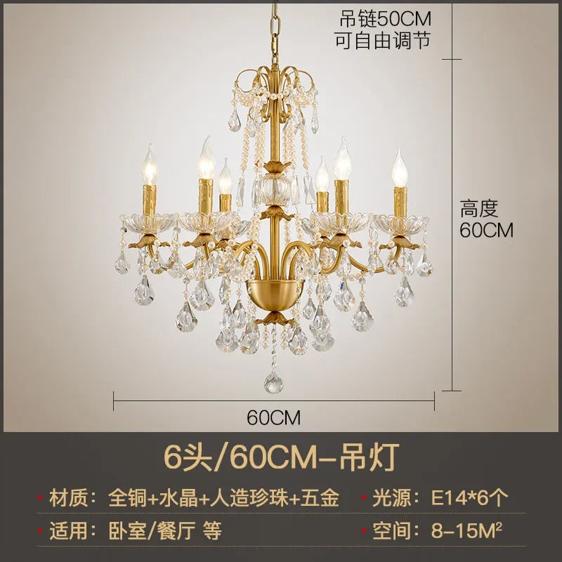 DecorBites™ Gold Brass Crystal Chandelier for Living Dining Bedroom, Retro Candle Lights Pendant Lamps