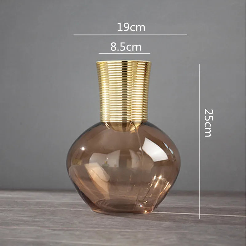DecorBites™ Gold Metal Glass Vase: Round Transparent Terrarium for Home Decor & Flower Arrangement
