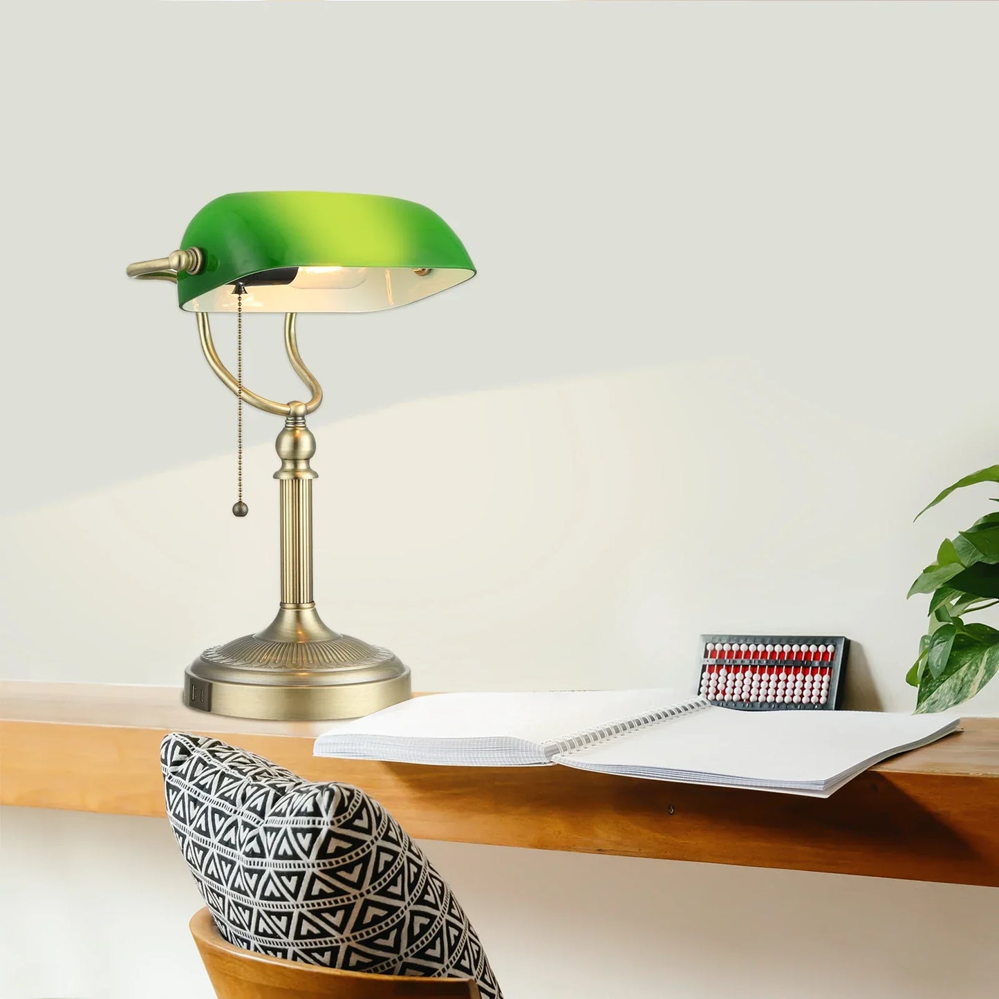 DecorBites™ Green Glass Bankers Desk Lamp with USB Charging Port and Pull Chain Switch