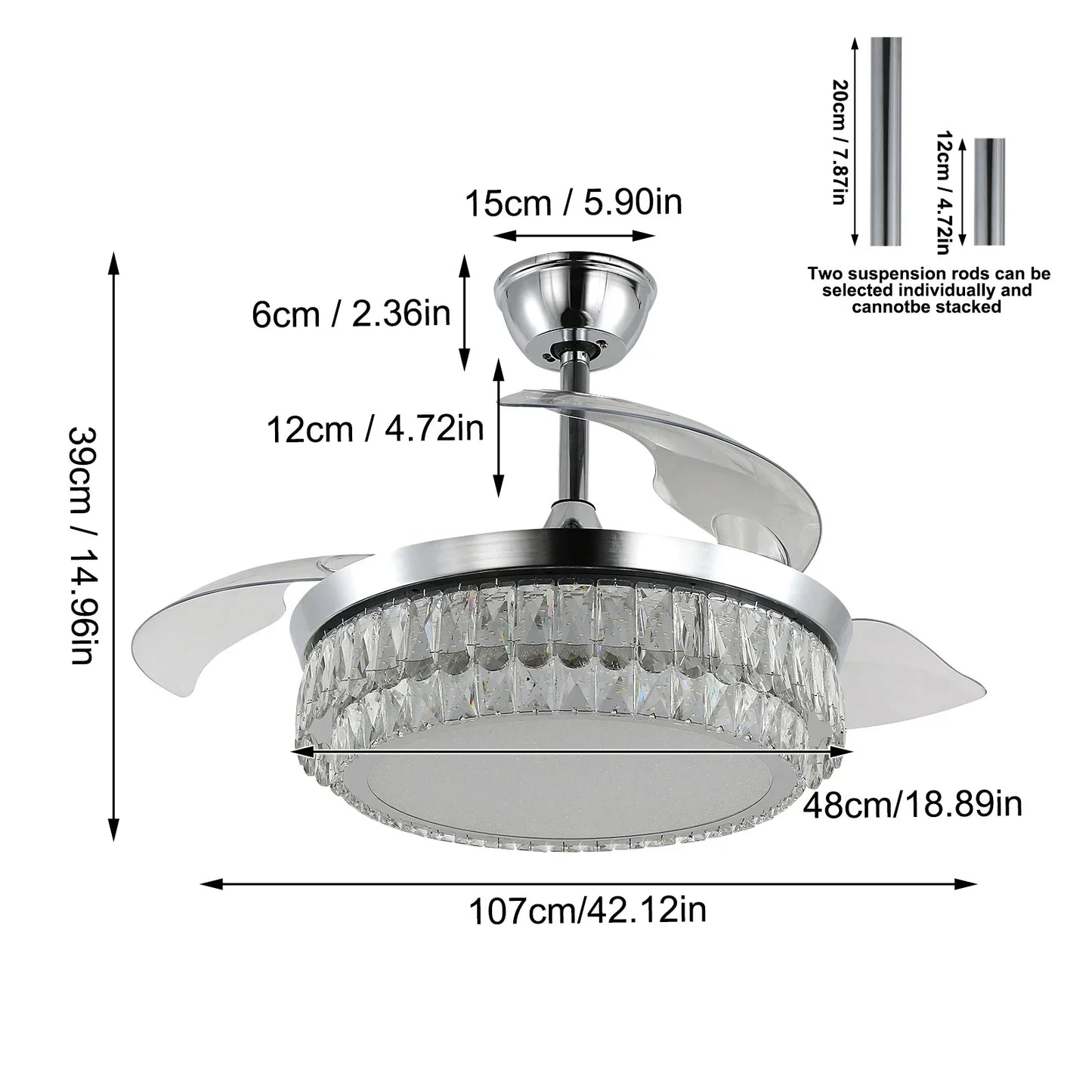 DecorBites™ Crystal Fan Chandelier LED Light Retractable Blades Dimmable Remote Modern Home Decor