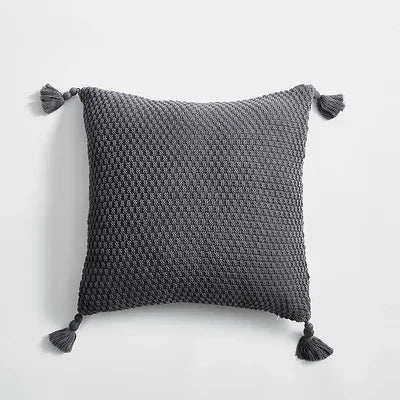DecorBites™ Knitted Grey Ivory Geometric Pillow Cover with Tassels, 45cm x 45cm