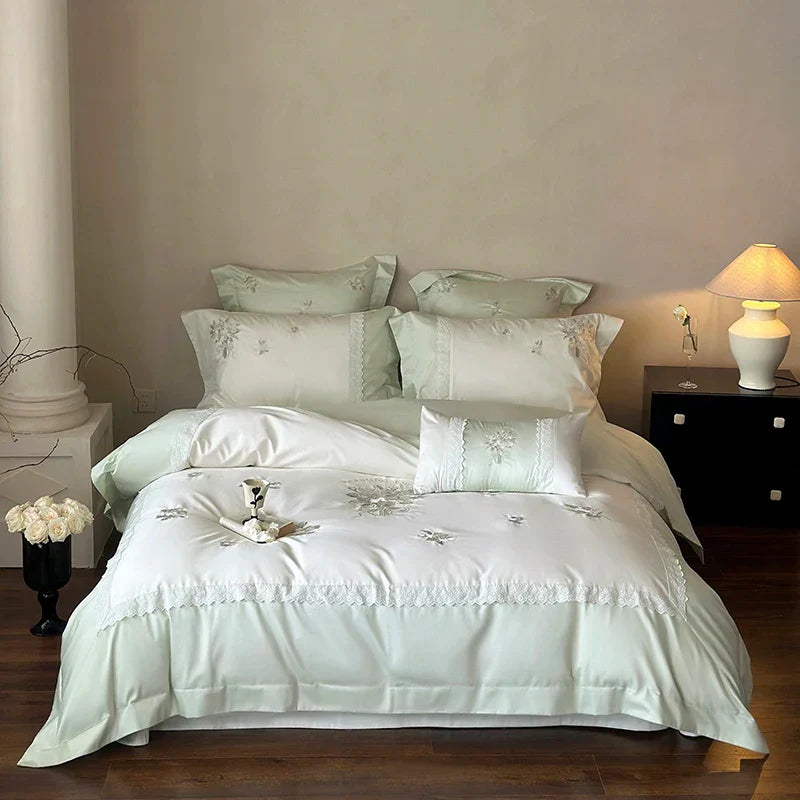 DecorBites™ Flowers Embroidery Lace Princess Bedding Set 1000TC Egyptian Cotton Duvet Cover Set
