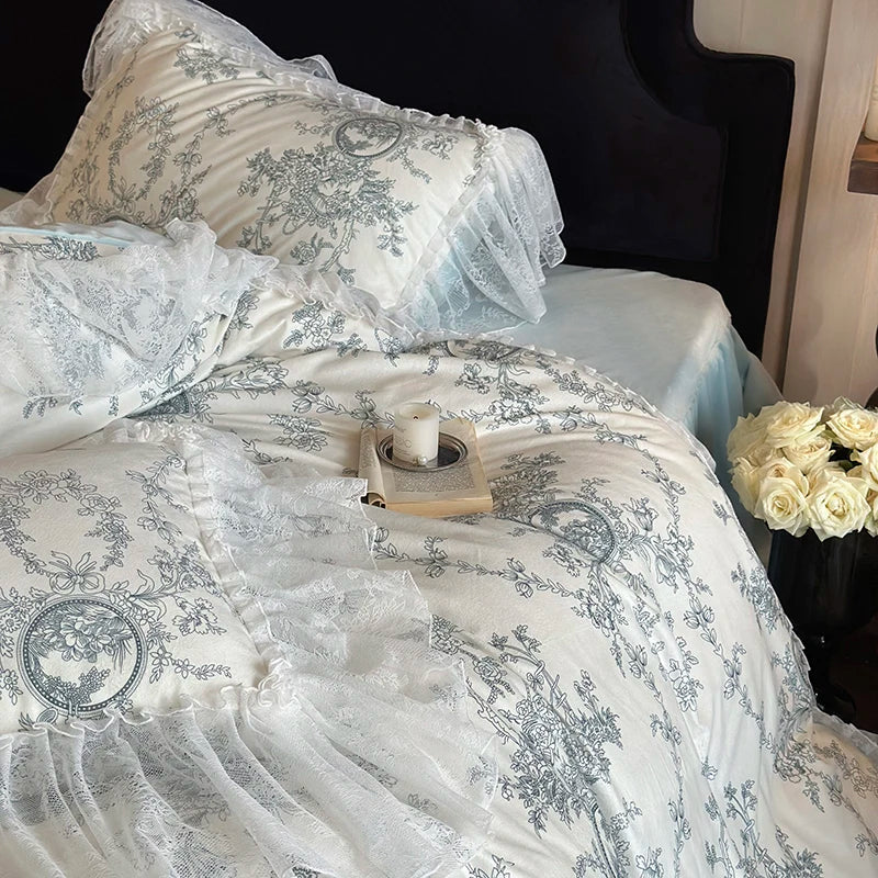 Juego de cama DecorBites™ Princesa con volantes de encaje francés: funda nórdica aterciopelada y cálida, faldón de cama, cubrecama y fundas de almohada.