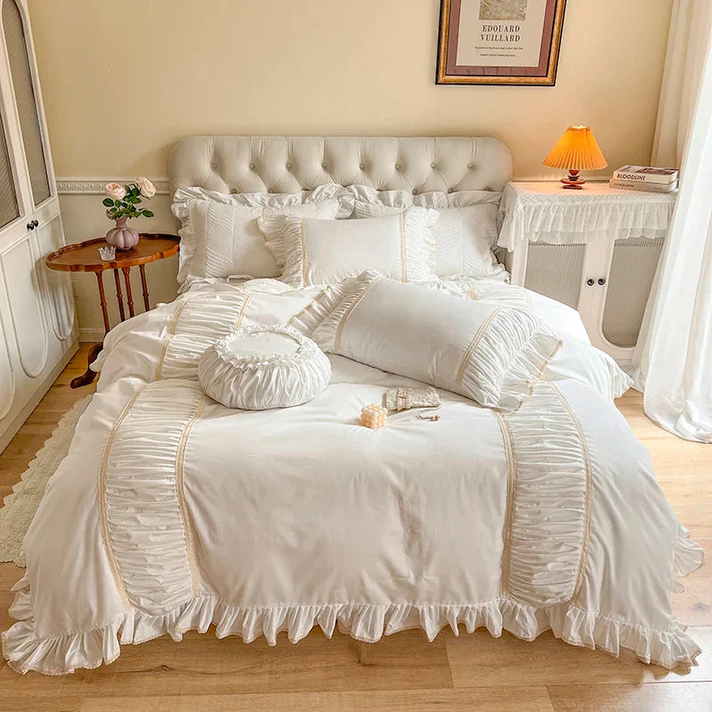 DecorBites™ Korean Princess Style Cotton Bedding Set with Pleated Ruffles and Soft Quilt Cover