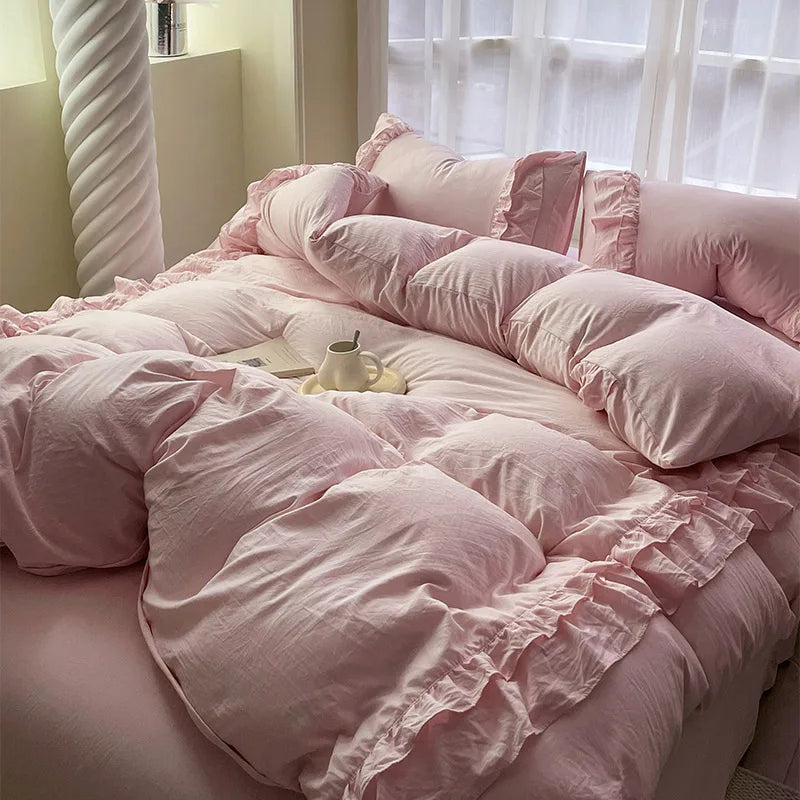 DecorBites™ Korean Princess Ruffles Bedding Set - Soft Microfiber, Duvet Cover Pillowcases - All Sizes