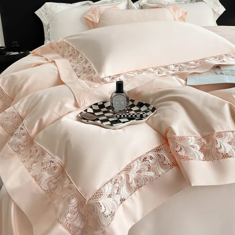 DecorBites™ Lace Embroidery 1200TC Egyptian Cotton 4Pcs Bedding Set with Wide Hollow Design