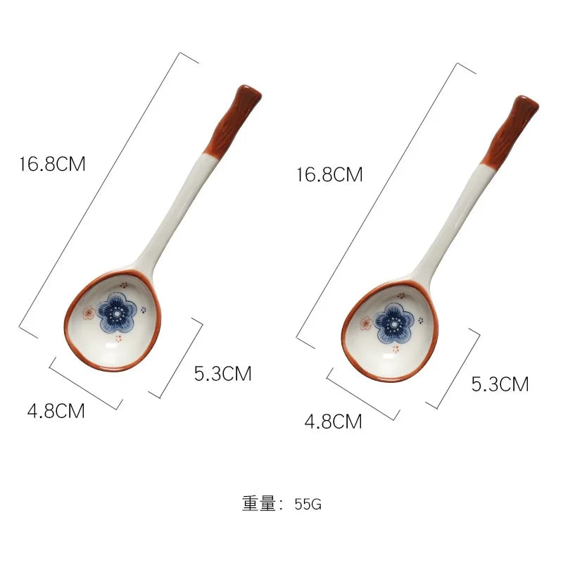 DecorBites™ Japanese Vine Ceramic Spoon Set - Ins Wind Hand-painted Long Handle Dessert Spoons