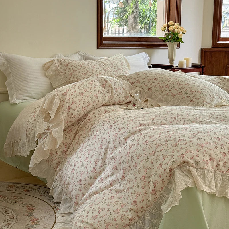 DecorBites™ Elegant Floral Lace Ruffles Bedding Set with Double Yarn - Soft Cotton Blend