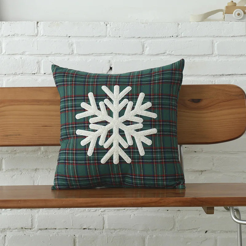 DecorBites™ Christmas Plaid Cotton Canvas Cushion Cover with Snowflake Embroidery