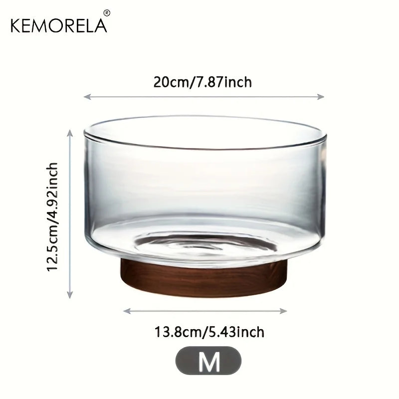 Frutero de vidrio creativo DecorBites™ con base de madera: ensaladera grande para aperitivos, palomitas de maíz, frutos secos y más.