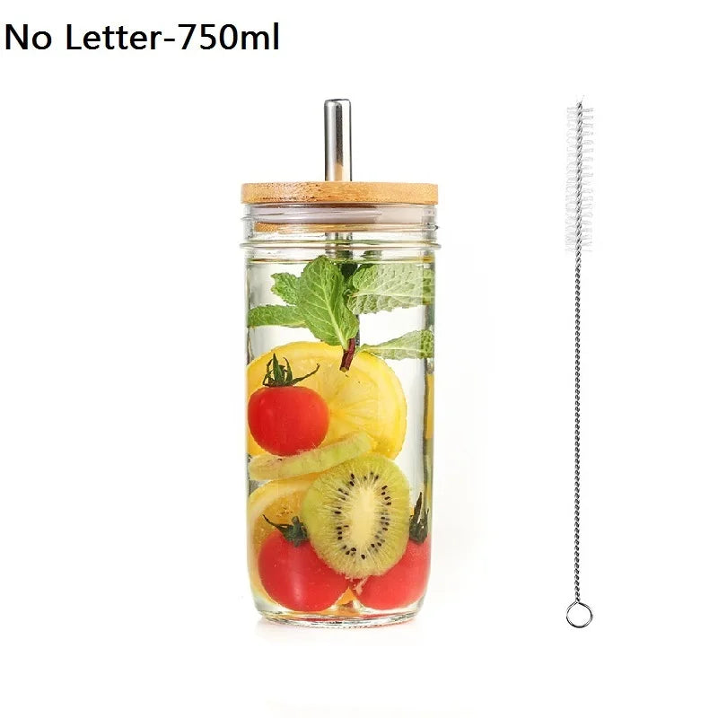 DecorBites™ Glass Boba Smoothie Cup with Bamboo Lid & Stainless Steel Straw