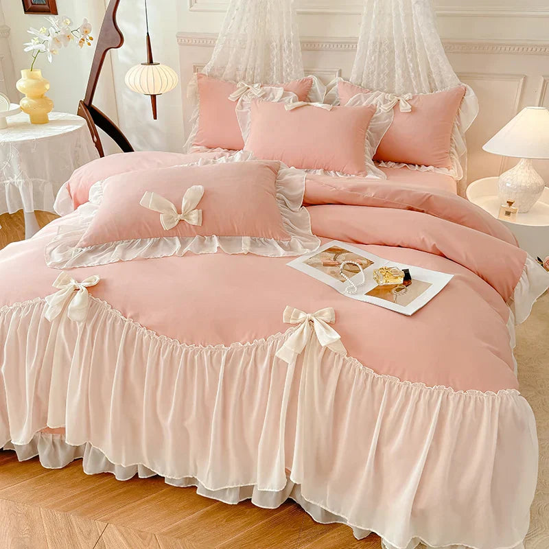 DecorBites™ Korean Lace Bow Bedding Set: Luxury Princess Quilt Cover for Girls Wedding Home Textiles