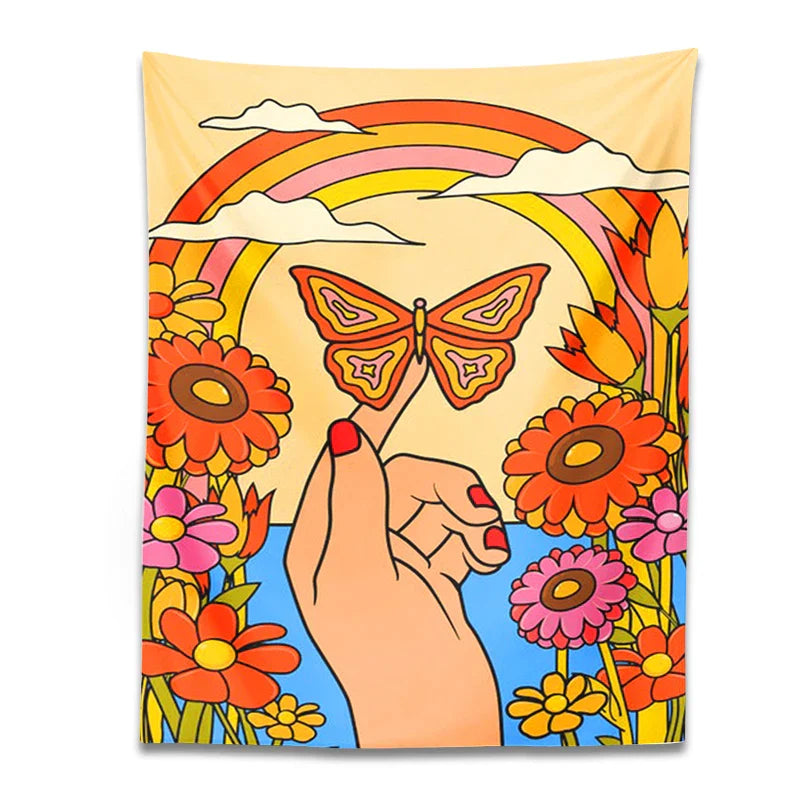 Decorbites™ Schmetterlings-Regenbogen-Wandbehang: 70er-Jahre-Vintage-Retro-Blumenkind-Psychedelische-Kunst