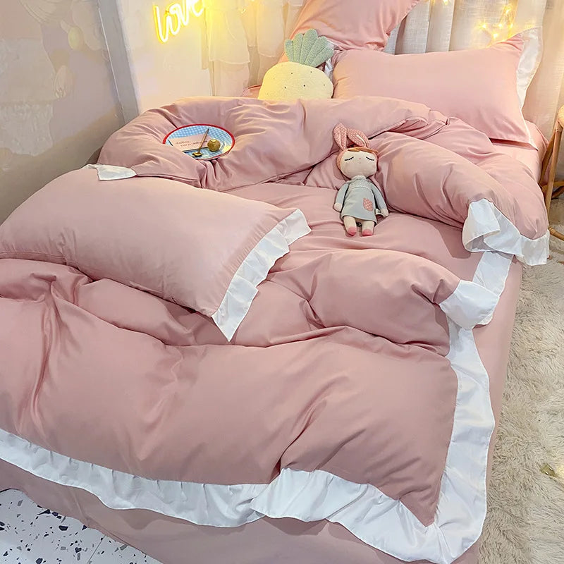 DecorBites™ Cotton Ruffle Edge Duvet Cover Set - Soft, Thick, Solid Color