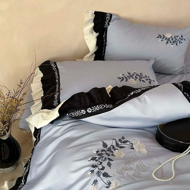 DecorBites™ Flowers Embroidery Ruffles Cotton Bedding Set with Duvet Cover, Sheet, Pillowcases