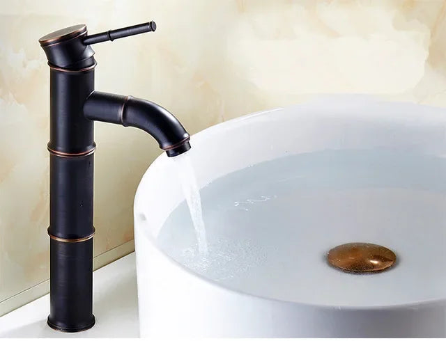 DecorBites™ Black Bronze Waterfall Faucet Bamboo Bathroom Sink Tap High Arch Mixer