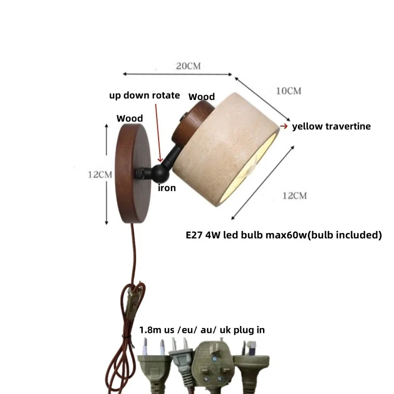 DecorBites™ Iron Rotate LED Wall Light Sconce Yellow Travertine: Modern Nordic Bedroom Lamp