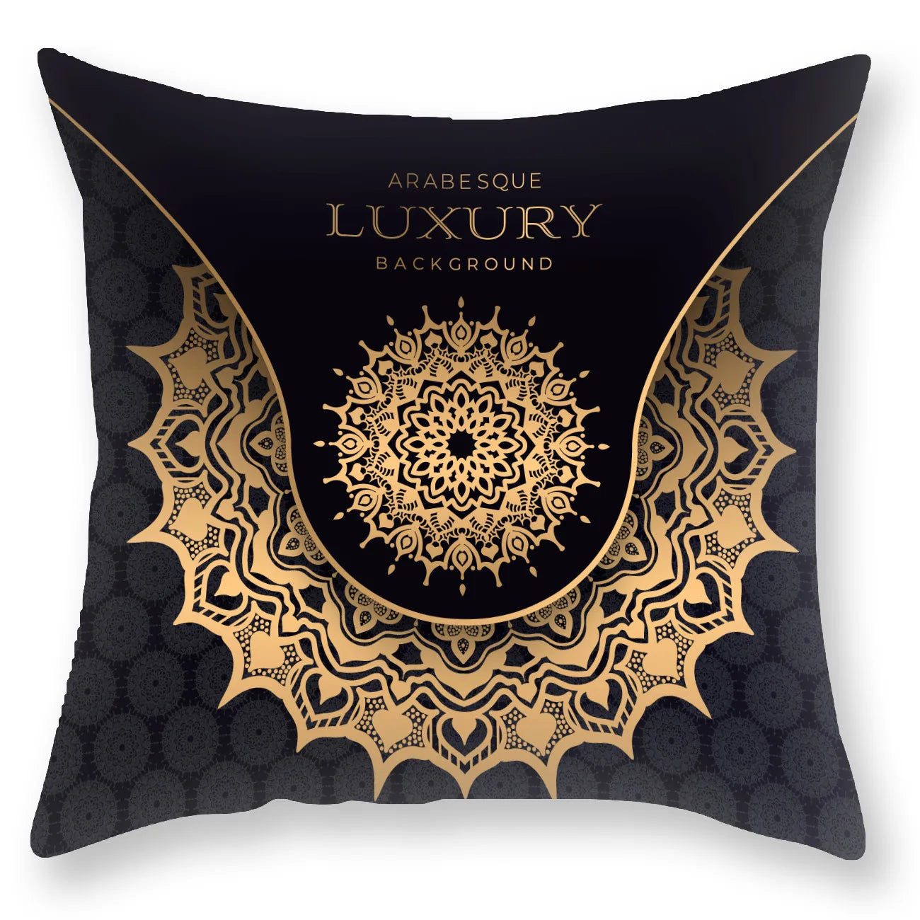 Funda de almohada de lujo estampada con mandala negra y dorada DecorBites™