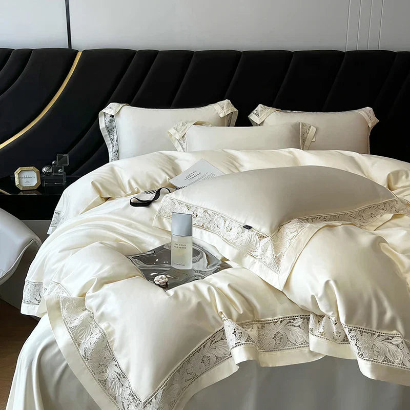 Juego de cama DecorBites™ Luxe de 1500 hilos con encaje de algodón egipcio y borde ancho: funda nórdica, sábana y fundas de almohada.